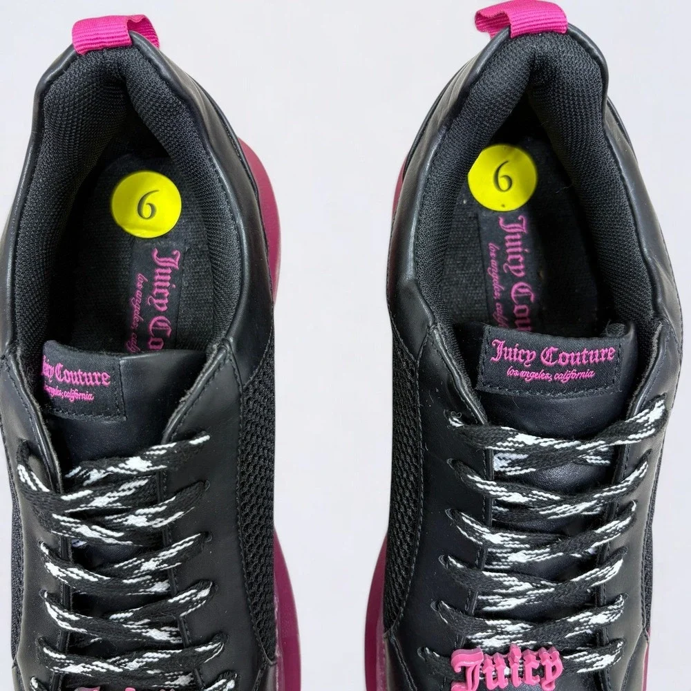 Juicy Couture Demi Sneakers Womens 9 Black Pink Platform Mesh Logo Lace Charms